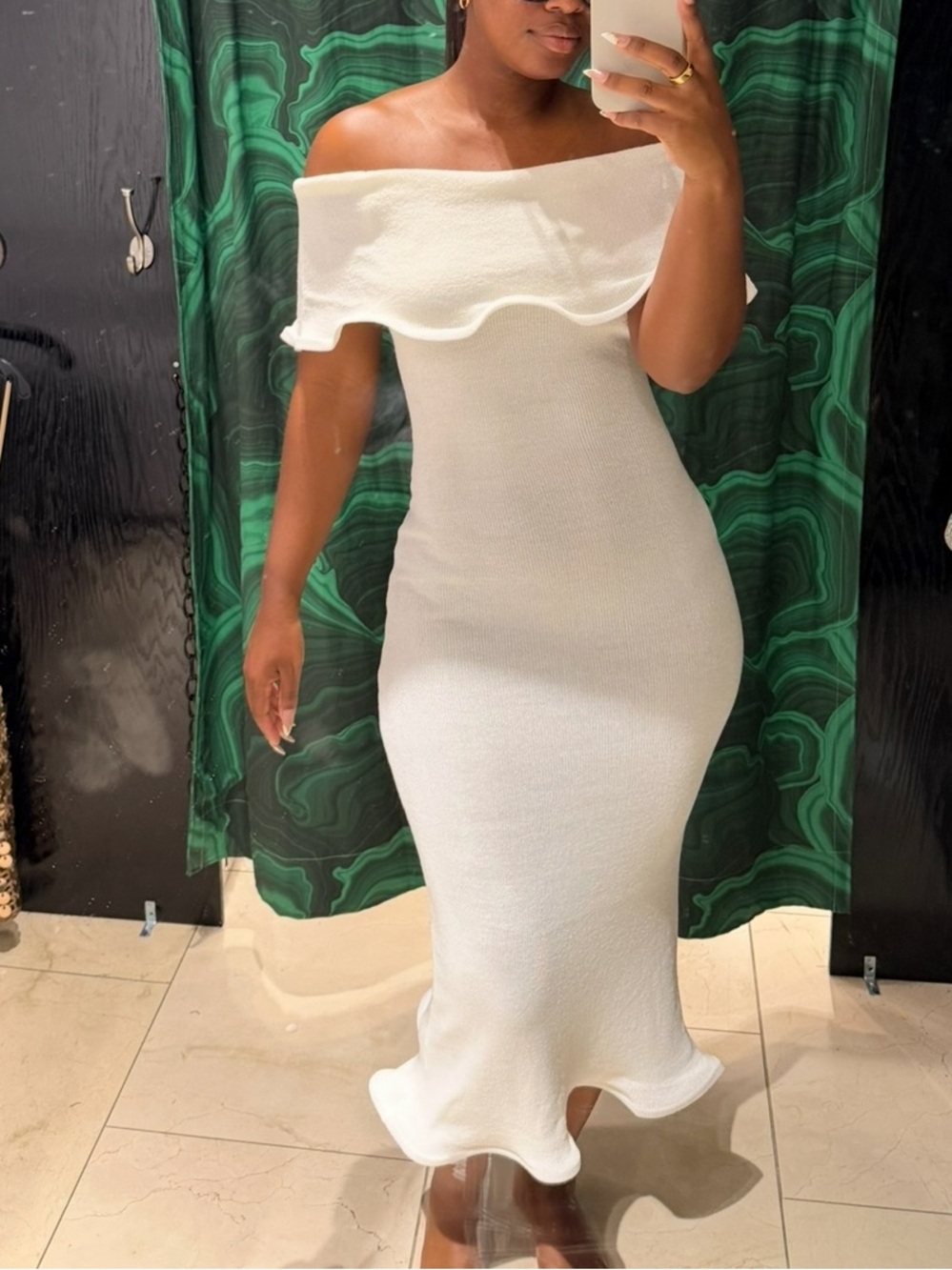 AKIRA White Off-Shoulder Ruffle Midi Dress